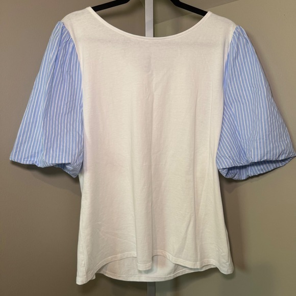 Talbots Tops - Talbots Women's White T-Shirt with Blue Striped Puff Sleeves Size XL